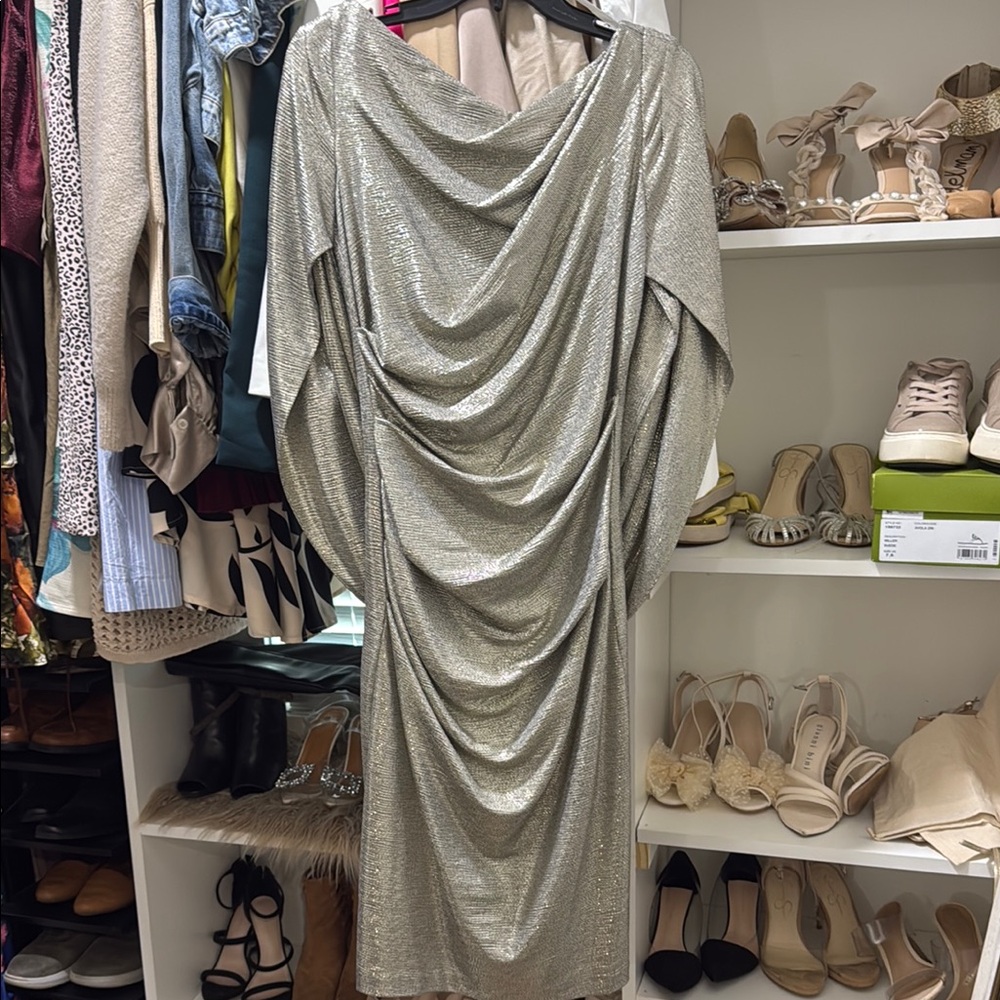Betsy & Adam Silver Asymmetrical Cowl Neck Dress